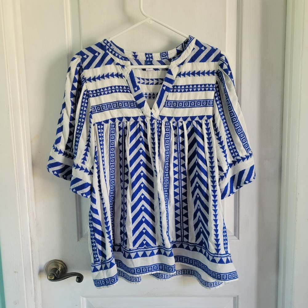 Old Navy | Blue and White Geometric Patterned Flowy Blouse | Size Large Tall